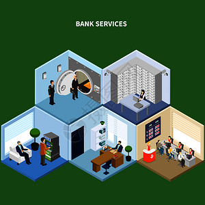 银行经理银行等距背景与内部图像代表同类型的银行住宿与人类字符矢量插图银行服务等距背景插画
