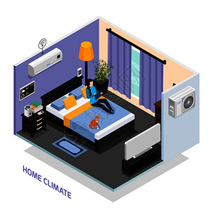 家庭气候遥控系统等距成与卧室内部气象站空调矢量插图插画