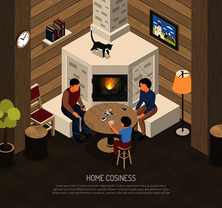 家庭舒适构图与家庭扑克牌附近火的地方等距矢量插图图片