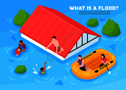 一人一船一屋什么洪水等距海报,人们离开他们的房子充气船矢量插图插画