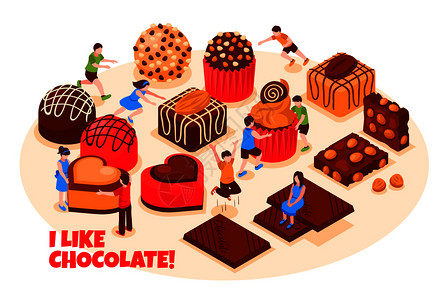 喜欢巧克力与广泛的巧克力糖果糕点酒吧等距矢量插图图片