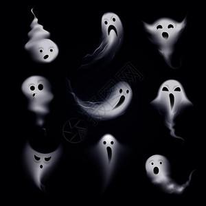 可怕趣的鬼情绪图标收集的现实蒸汽幽灵黑暗背景矢量插图图片
