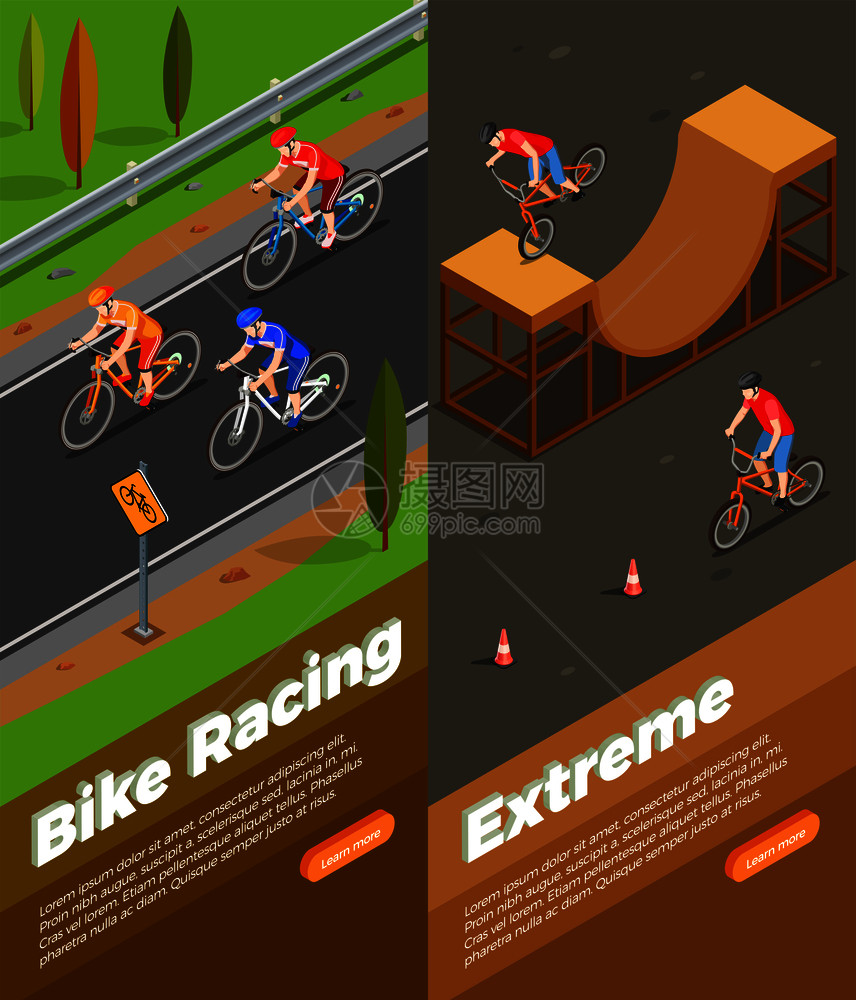 骑自行车者自行车比赛极限骑乘等距垂直横幅孤立矢量插图图片