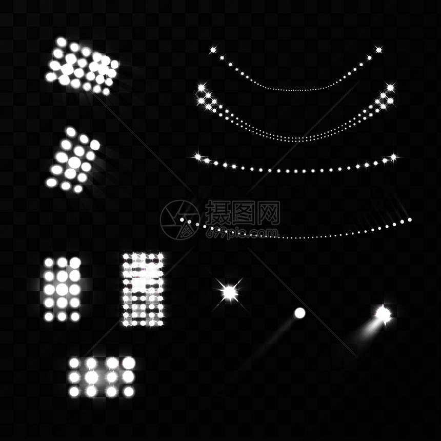 体育场灯灯光真实的黑白矢量插图图片