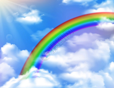 明亮的彩虹,太阳,天空云,现实的背景矢量插图图片