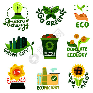 生态修复平标志,太阳能生态工厂回收废物绿色城市孤立矢量插图图片