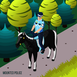 安装等距背景与巡逻城市公园的马背矢量插图图片