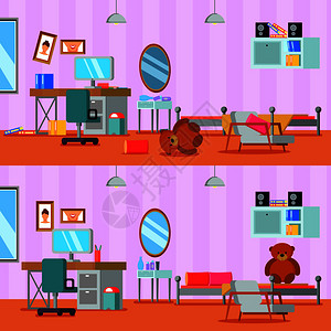 整洁干净的少女室淡紫色橙色平构图矢量插图图片