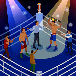拳击裁判盒子等距构图,以拳击圈的人的特点,拳击手,裁判主持人矢量插图插画