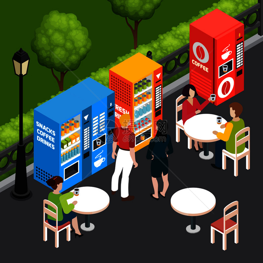 人们户外咖啡馆喝咖啡,自动售货机出售零食饮料,3D等距矢量插图图片