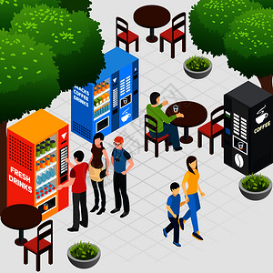 等距构图与户外咖啡馆人们购买咖啡零食自动售货机3D矢量插图图片