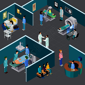 医疗设备等距成与人体特征的卫生专业人员病人各种医院房间矢量插图图片
