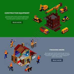 两个建筑等距横幅与阅读更多的按钮文本建筑相关的图像成矢量插图背景图片