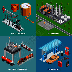 石油工业开采设备炼油厂运输2x2彩色等距三维孤立矢量图图片