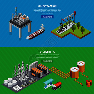等距两个水平横幅与石油工业提炼提取设备隔离彩色背景三维矢量插图图片