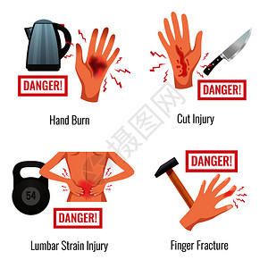 人体成分分析人体部位损伤警告4平成分手烧伤手指骨折木材应变矢量图插画
