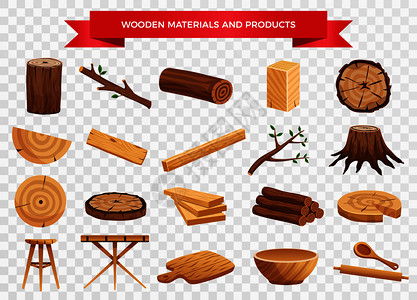 透明凳子素材木材材料制成品树干树枝木板厨房用具透明背景矢量插图插画