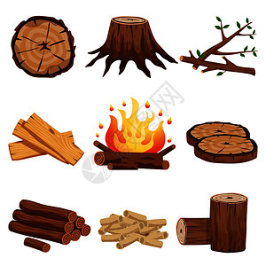 木材切割柴火平元素收集与树桩树枝切割原木圆形段木板篝火孤立矢量插图插画