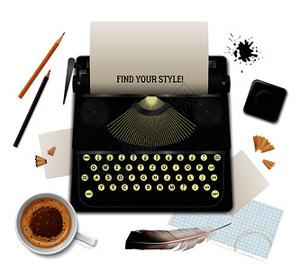 咖啡打字机背景白色背景矢量插图上作家顶视图的现实主义文学象集插画