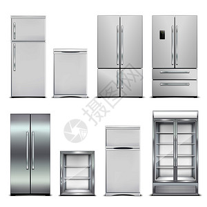 冰箱现实的套隔离柜,同的型号门的形状空白背景矢量插图制冷柜写实套图片
