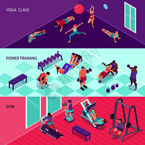 水平健身横幅与人健身房瑜伽课三维等距孤立矢量插图等距健身横幅图片