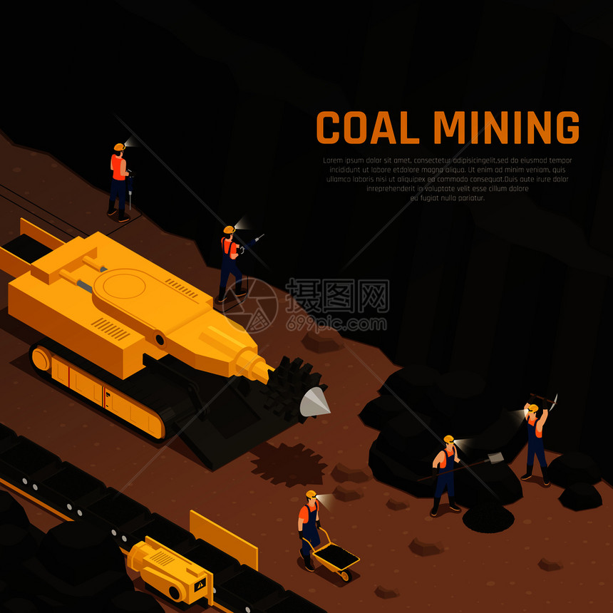 矿工煤矿生产期间,用钻机输送机设备等距成矢量图图片