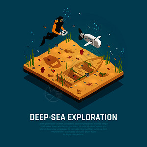用于深海勘探的生物机器人鱼等距成潜水员与自动水下装置矢量插图图片