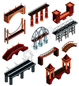 人行桥桥梁细节等距元素收集与现代金属结构,古代木石高架桥跨越矢量插图桥梁等距集插画