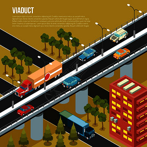 矢量图桥车辆高架桥承载着繁忙的郊区城市街道邻近的山谷等距成矢量图高架桥城市等距成插画