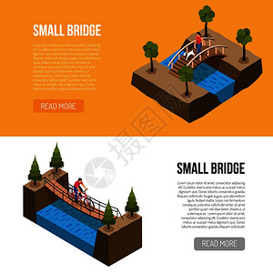古代桥梁历史小桥的特点2等距水平横幅网页与同的木制结构矢量插图桥梁等距横幅插画