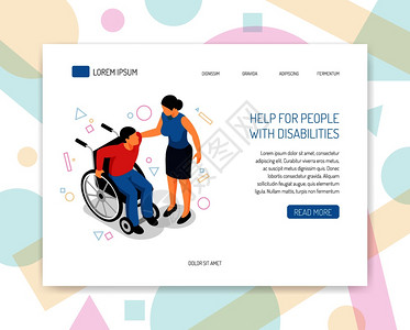 残疾人帮助志愿者培训筹款等距网页,提供轮椅援助矢量插图残疾人网页图片