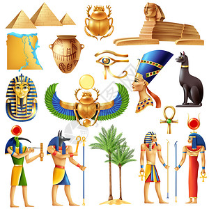 西安卡安生物圈保护区埃及符号以卡通风格,古埃及神金字塔,AnkhTutanhamonNeferti眼的Horus符号矢量插图埃及符号插画
