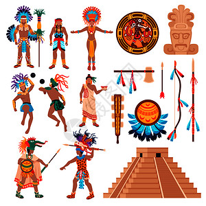 以文明为基石玛雅文明集民族物品偶像人类人物元素为体的美国部落文化矢量插图玛雅文化元素集插画