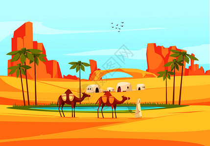沙漠户外成荒芜的地方景观与平坦的图像沙峡谷骆驼队矢量插图背景图片