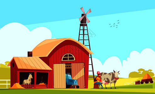 奶牛场成与郊区景观农场建筑人类特征的农民挤奶牛矢量插图插画