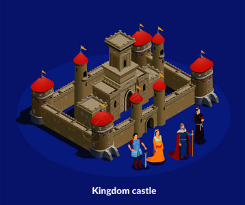 村名精神堡垒中世纪王国加固城堡与石墙,塔等距成与国王女王主教骑士矢量插图插画