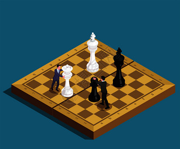 国际象棋等距成的玩家移动与国王皇后棋子棋盘矢量插图背景图片