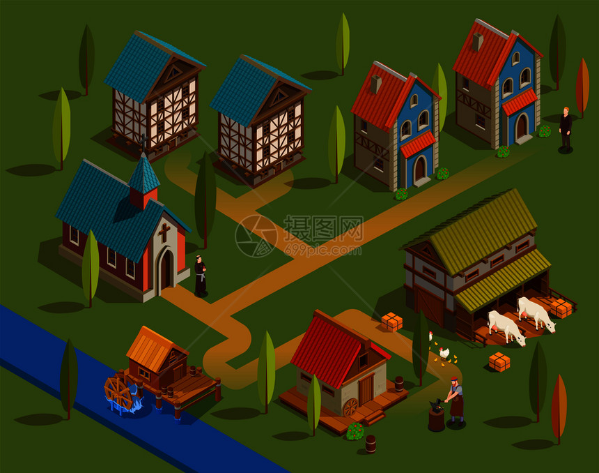 中世纪聚落建筑平等距构图与农场教堂锻造建筑家庭房屋水磨矢量插图图片