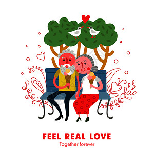 金榜公园石趣老人健康爱关系趣的卡通海报与夫妇户外吃冰淇淋矢量插图插画