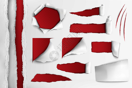 边缘红色白纸上的洞,红色背景的真实矢量插图上撕裂的边缘破洞的白纸插画