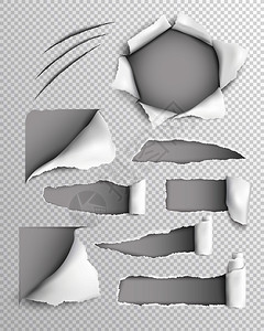 透明纸撕裂片与撕裂孔与滚动边缘现实矢量插图撕破的纸真实透明的套图片