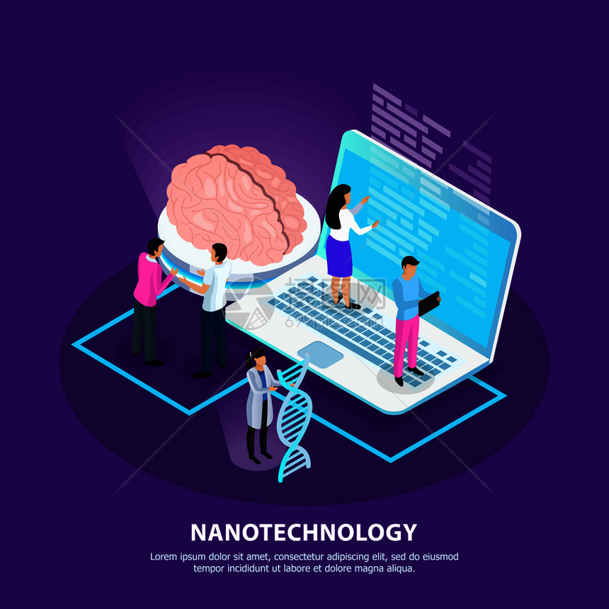 科学家纳米医学技术的发展紫色梯度背景等距矢量插图纳米技术等距梯度背景图片