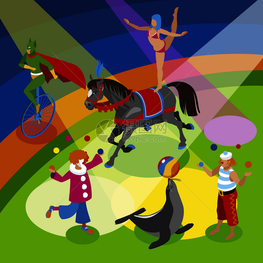 表演者娱乐活动构图与小丑杂耍动物平矢量插图图片
