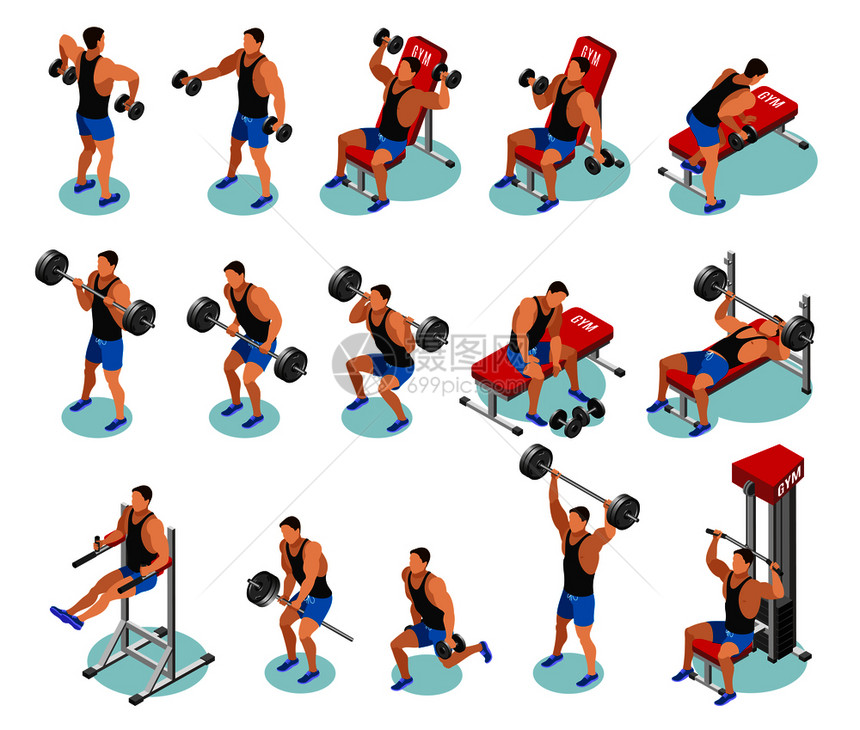 身体建设等距图标与运动员锻炼过程中的重量运动设备上的孤立矢量插图身体建筑等距图标图片