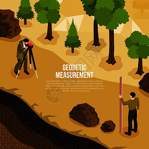 测量学地质学家野外工作等距成,2人进行地球表矢量插图的大地测量地质学家工作等距成插画