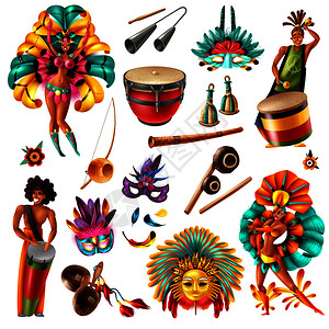 巴西狂欢节,现实的五颜六色的元素与传统乐器,具羽毛服装矢量插图嘉华胸罩套装背景图片