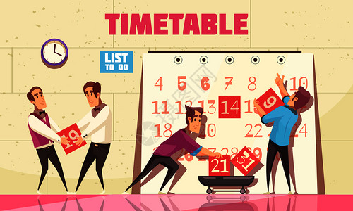 任务海报时间表向量插图与吸引人的时间管理规划工作过程时间表向量插图插画