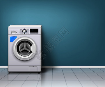 洗衣房洗衣机现实背景与现代洗衣机空洗衣房矢量插图真实的洗衣机背景插画