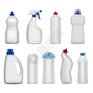白色瓶真实的套空白塑料洗涤剂瓶与各种盖子隔离白色背景矢量插图洗涤剂瓶子套插画
