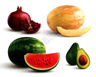 逼真的彩色整体切割水果与石榴瓜西瓜鳄梨分离白色背景矢量插图水果写实套图片